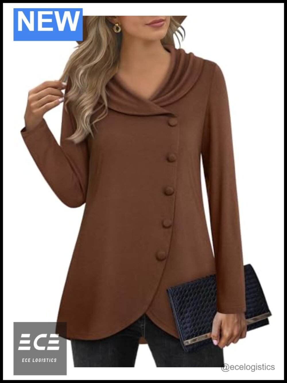 Womens Long Sleeve Tunic Sweatshirt Button Side Tulip Hem Pullover